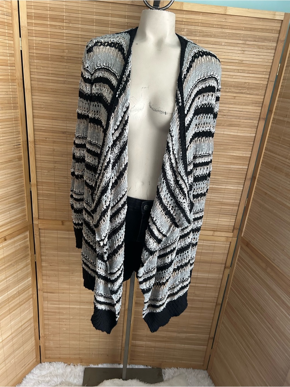 American Eagle Women's Striped black gray Open Front Knit Cardigan Sweater small